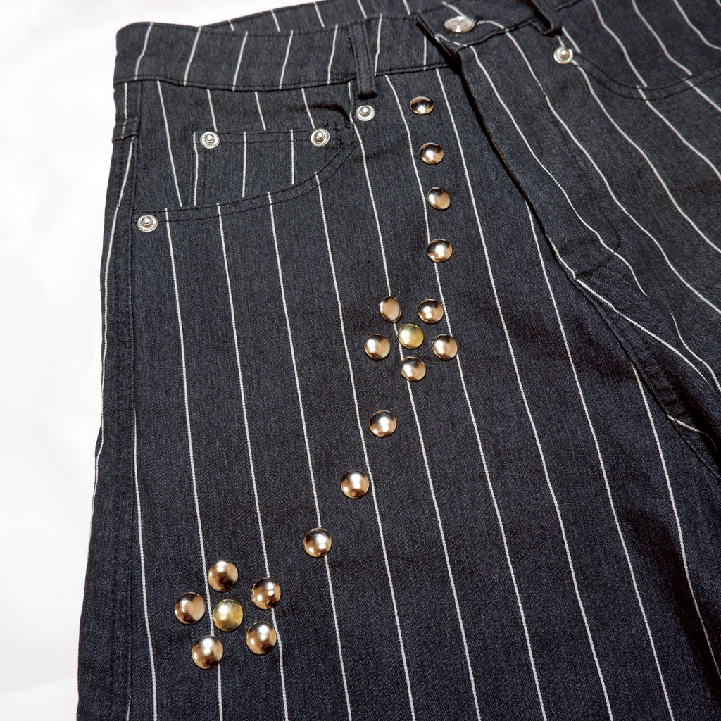 FLOWER STUDS STRIPE DENIM PANTS