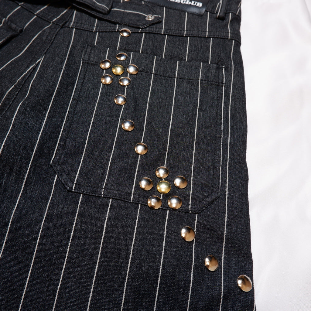 FLOWER STUDS STRIPE DENIM PANTS